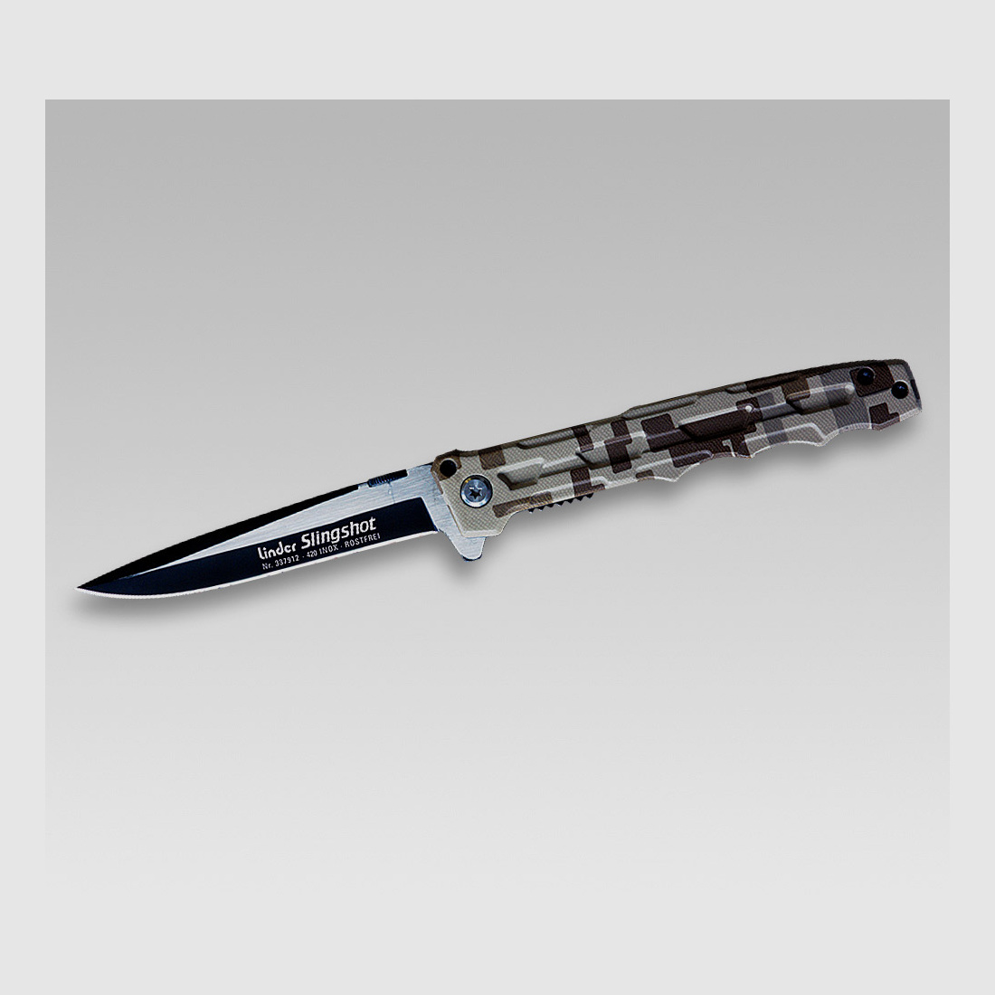 Spring-assisted slim long pocket knife slingshot camo