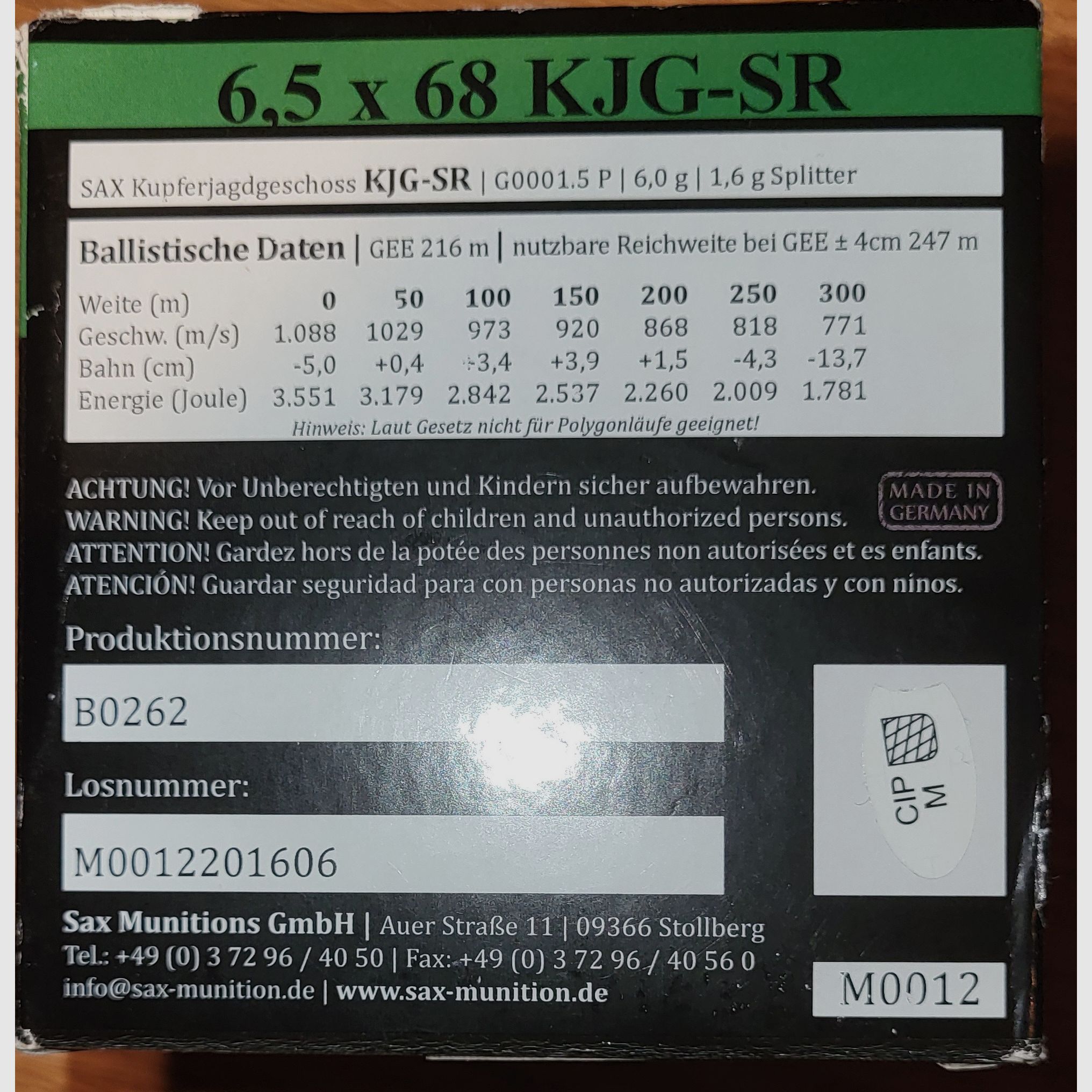45 disparos 6,5x68 KJG-SR SAX/RWS sin plomo