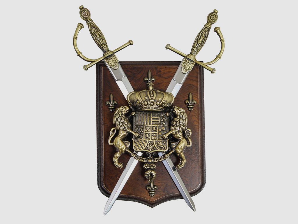 Wandschild aus Holz Wappen mit LĂ¶wen und Krone mit 2 gekreuzten Degen 29 x 20 cm