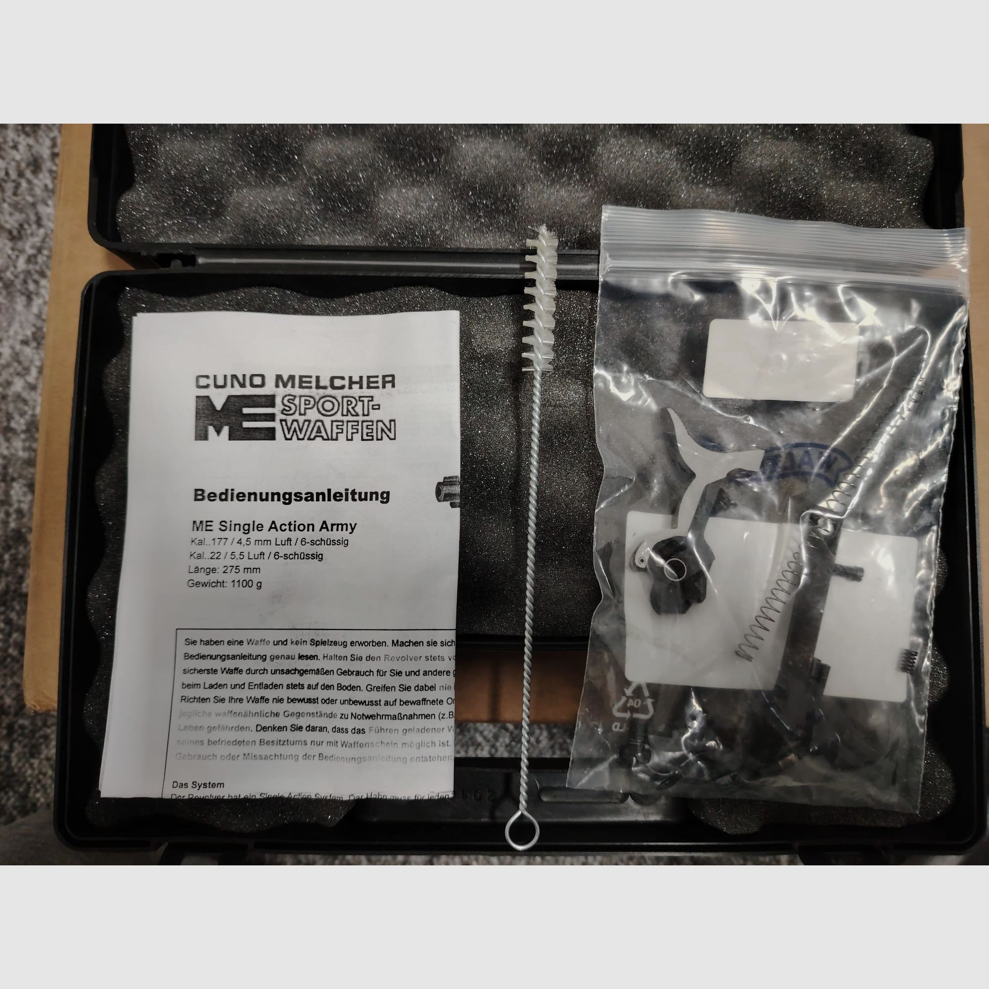 Cuno Melcher ME (Weihrauch) Single Action Army SAA LEP Revolver | 5,5 mm / .22 | inclusief reserveonderdelen-set en 6 roestvrijstalen dummy hulzen / trainingshulzen | NIEUW & OVP