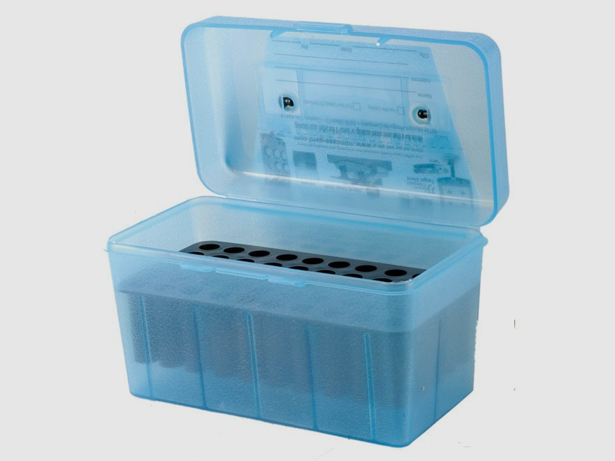 MTM Deluxe caja de cartuchos H50-RL-10 azul claro con tapa abatible y asa para 50 cartuchos .30-06 y otros.