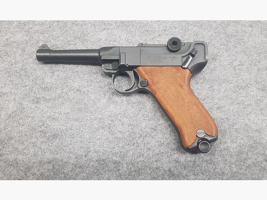 Sehr seltene Pistole PTB 517 Record Mod.  08  Cal. 8mm Knall PAK schwarz brüniert Schreckschuss P08 Holzgriffe