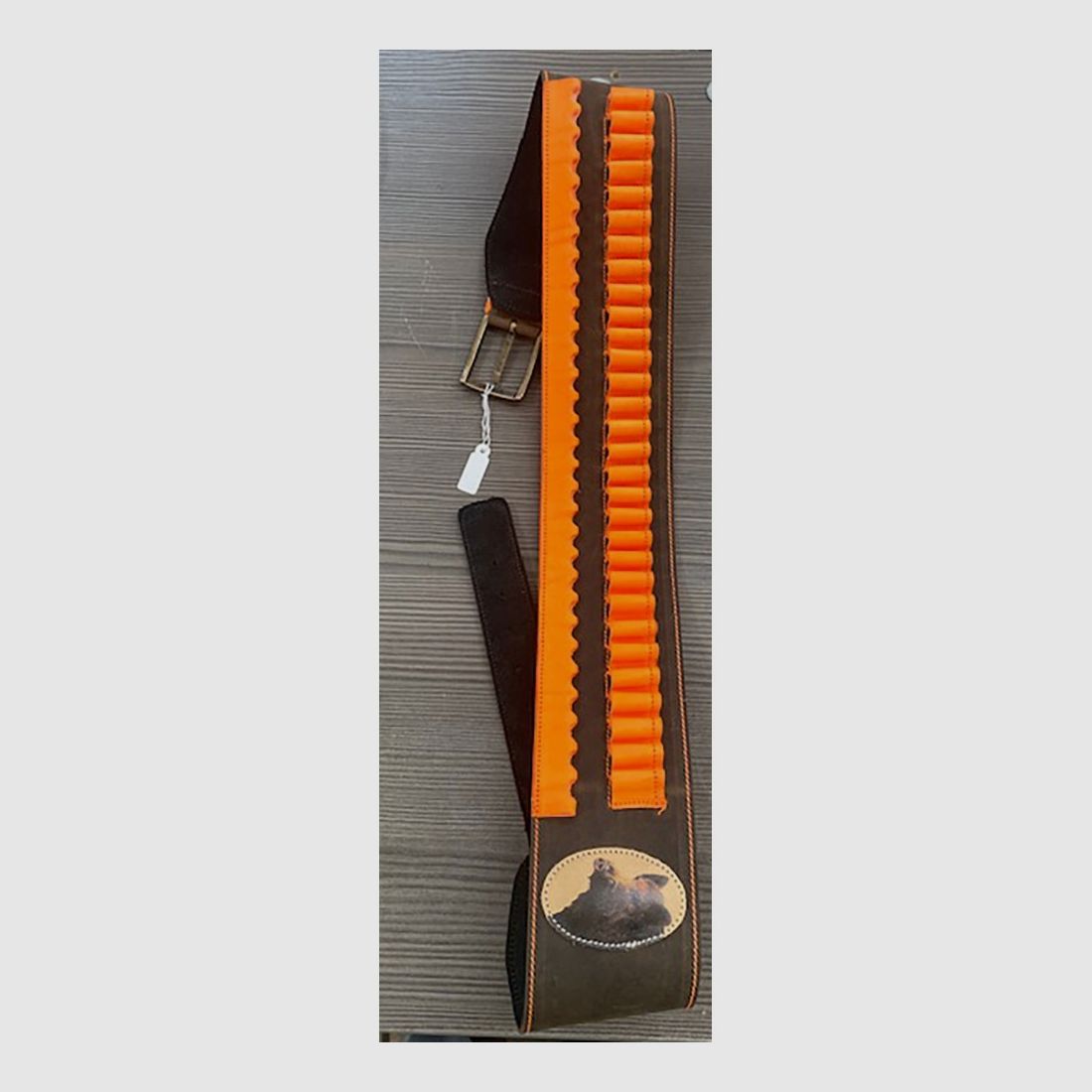 Handgemaakte leren patroonhouder voor geweer oranje wild zwijn logo