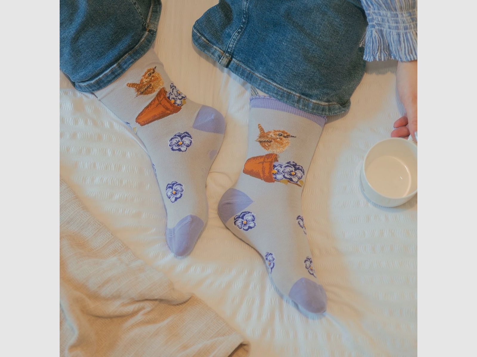 Wrendale Socken "Pottering About" mit Zaunkönig