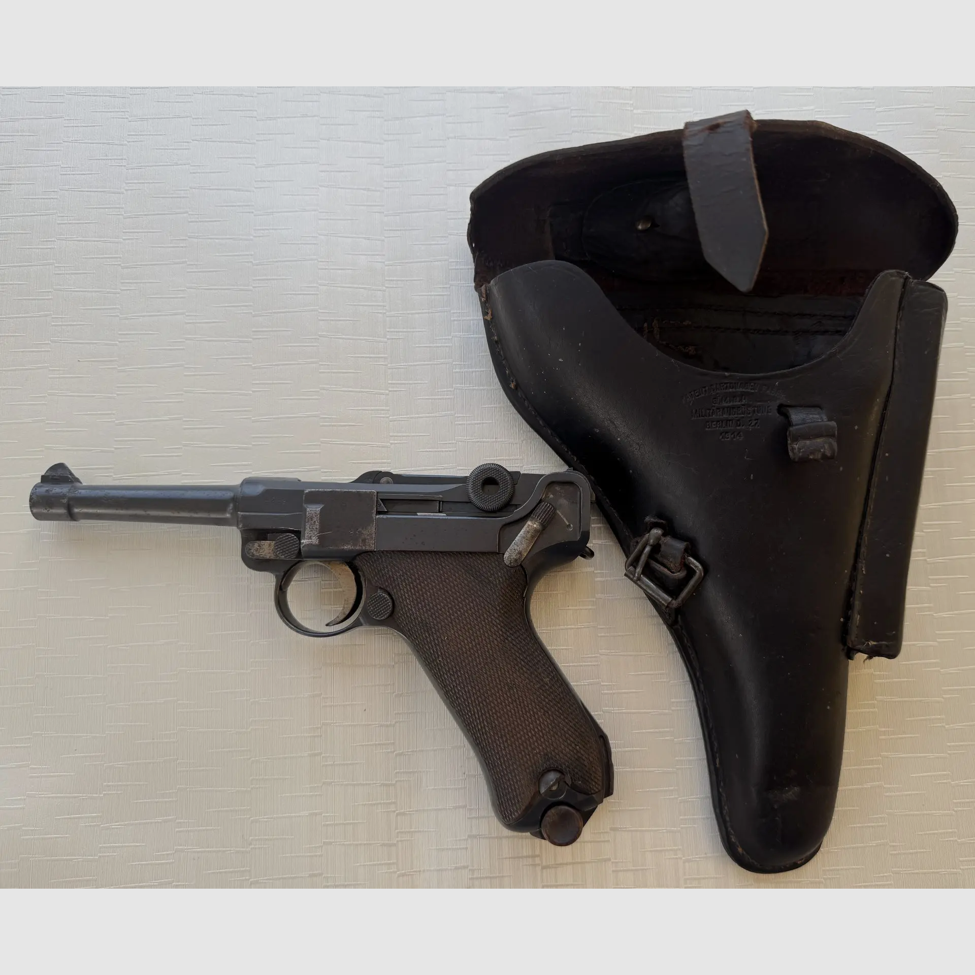 Luger P.08 (DWM 1916) zestaw kompletny z numerem seryjnym: pistolet, magazynek i skórzany kabura, zdjęcie 6 z 6