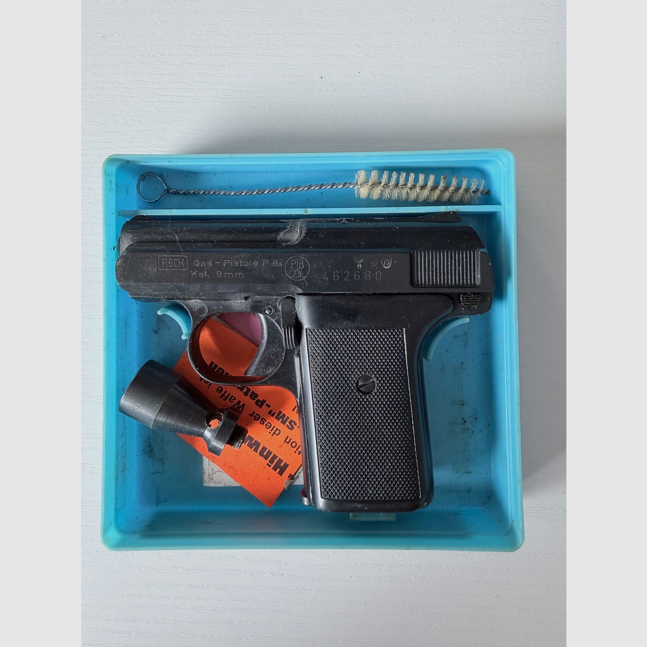 Reck P 6 S 8mm Knall- und Gaspistole mit Abschussbecher in OVP Sammlerstück