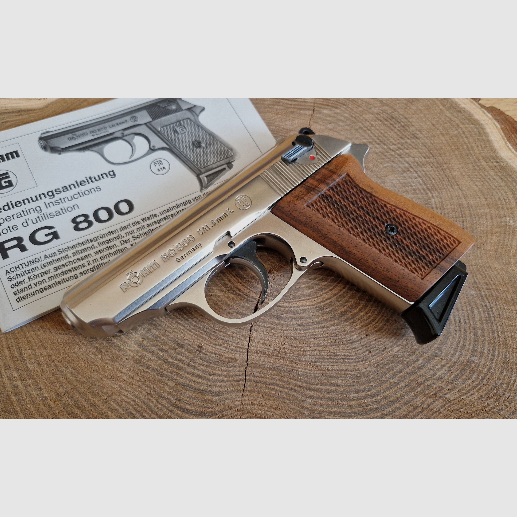 RÖHM RG 800 Pistole 8mm vernickelt mit Holzgriffschalen, gebraucht, OVP + Zubehör Schreckschuss