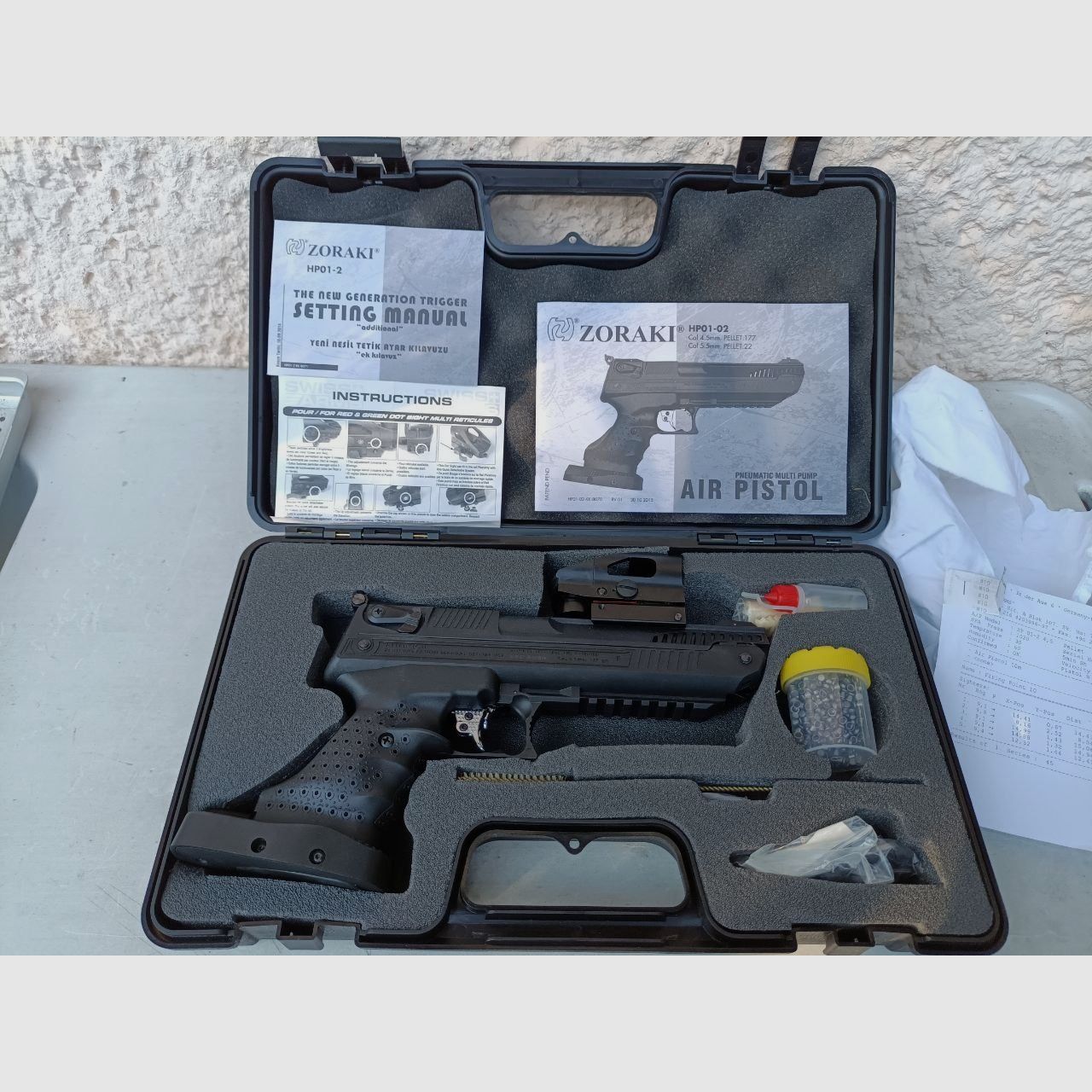 Zoraki HP 01 precompression con mirino Red Dot munizioni scatola di raccolta pallini bersagli