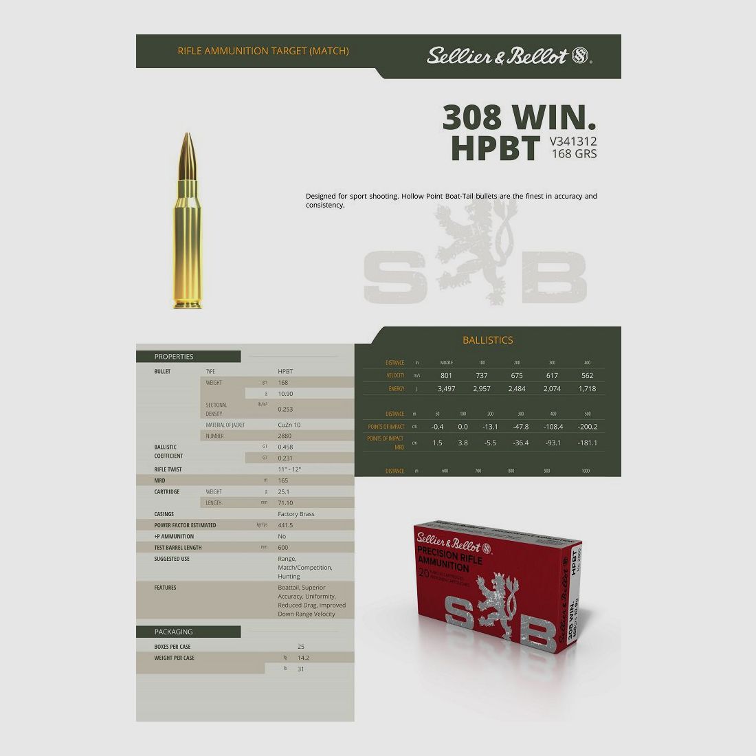 SELLIER & BELLOT PATRONEN SB 308 WINCHESTER HPBT 168GRS / 10,9G, Bild 2 von 2