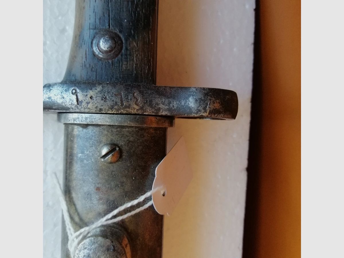 Rare baïonnette turque 1887 (pas 1890) dans sa bonne longueur d&rsquo;origine – Fabrication Alex Coppel – bon fourreau – TBE, image 9 sur 21