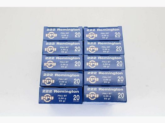 200 Schuß PPU .222Rem mit 3,56gramm 55gr. FMJ RN 10x20er Pack