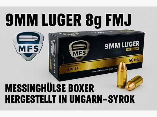 MFS munitie 9mm Luger, FMJ, VPE: 50, 8,0g/124grs. - 1000 schoten direct beschikbaar +50€ ADR verzendkosten