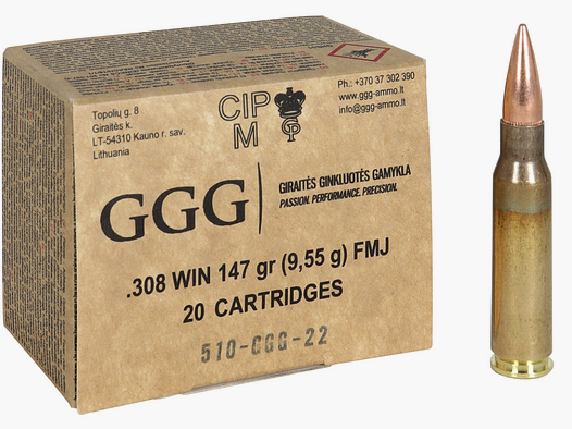 GGG .308 Win. 147GR FMJ BT 20 cartuchos