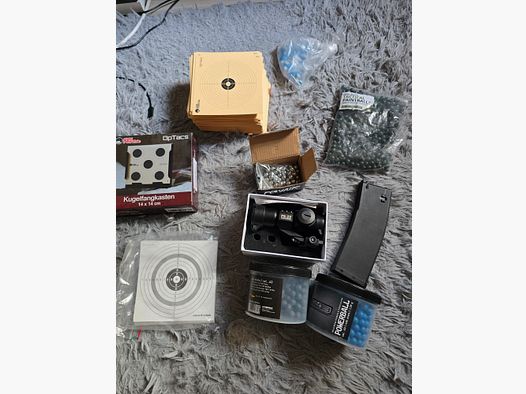 Groot schietsport- & airsoft-set: kogelvanger, red dot sight, doelen & munitie HK 416 T4E RAM magazijn