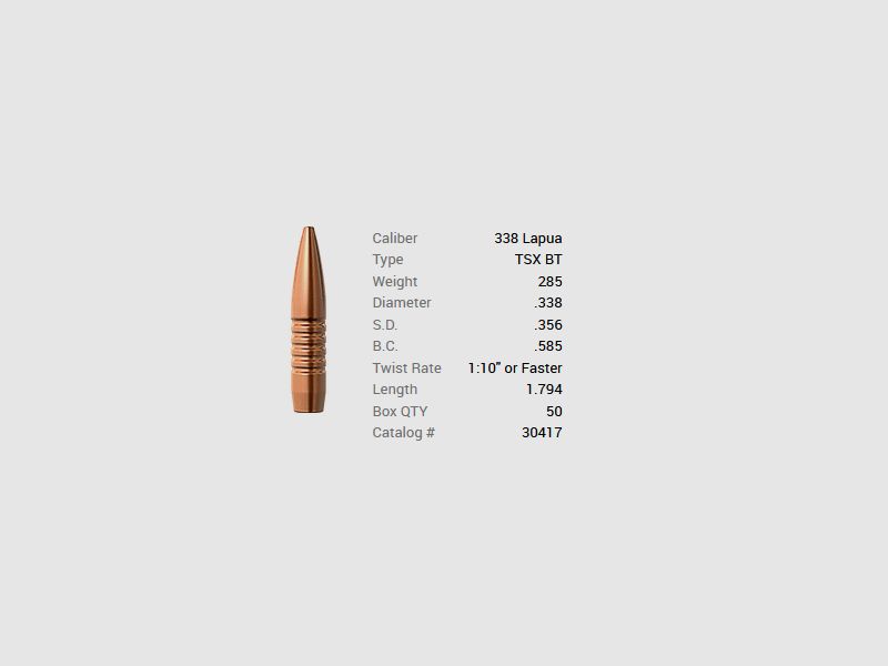 Barnes Geschoss .338 Lapua/.338 285GR TSX BT 50 Stück