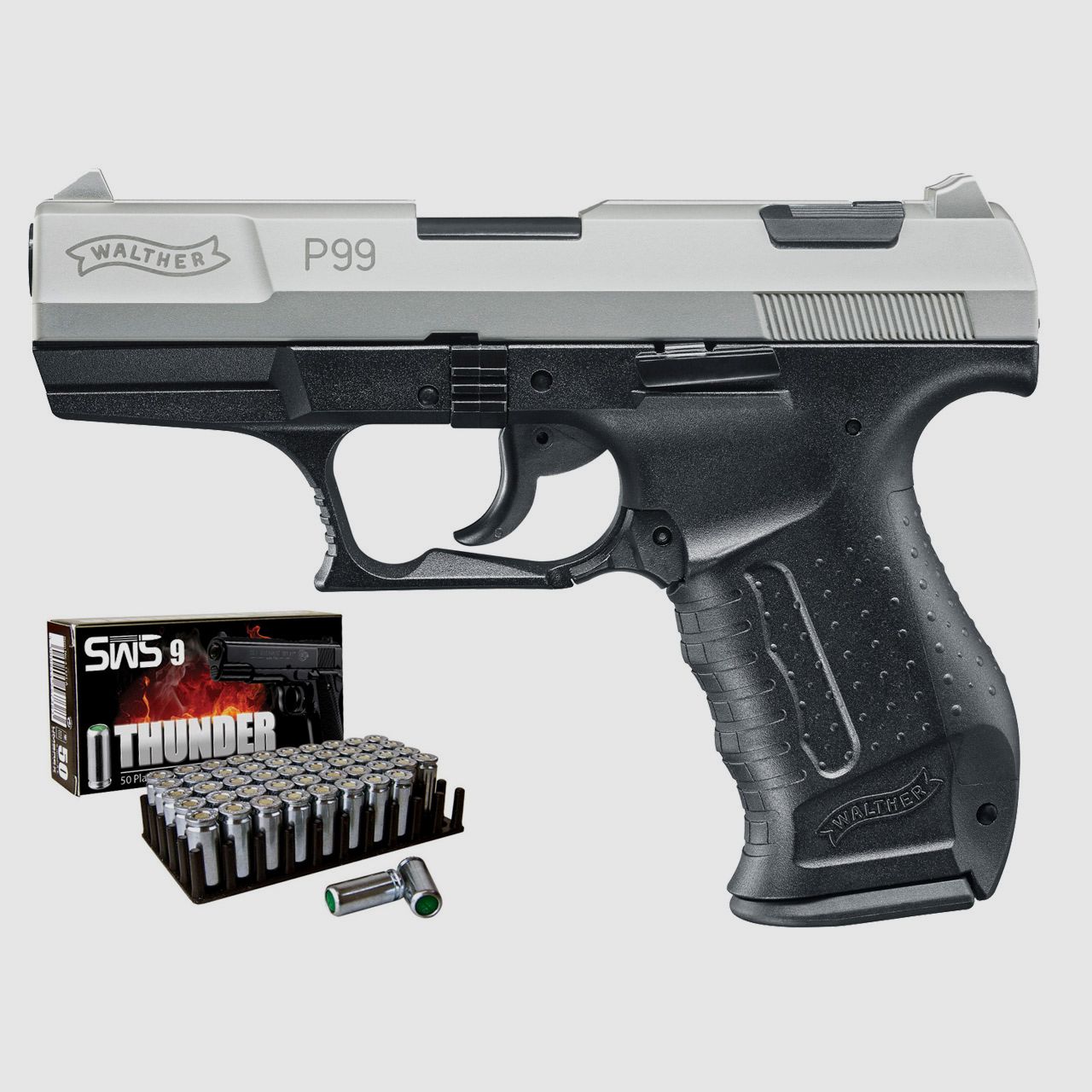Schreckschuss Pistole Walther P99 bicolor nickel Kaliber 9 mm P.A.K. (P18)+ 50 Schuss
