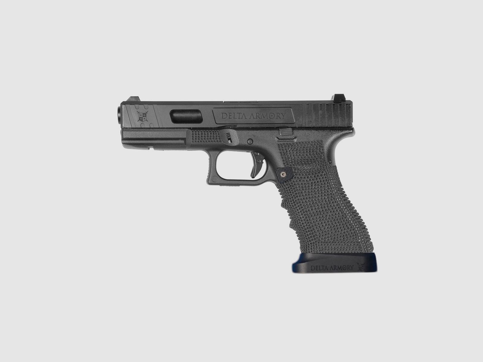 P02 GBB Airsoft Pistol with Grip Stippling in Black | Delta Armory