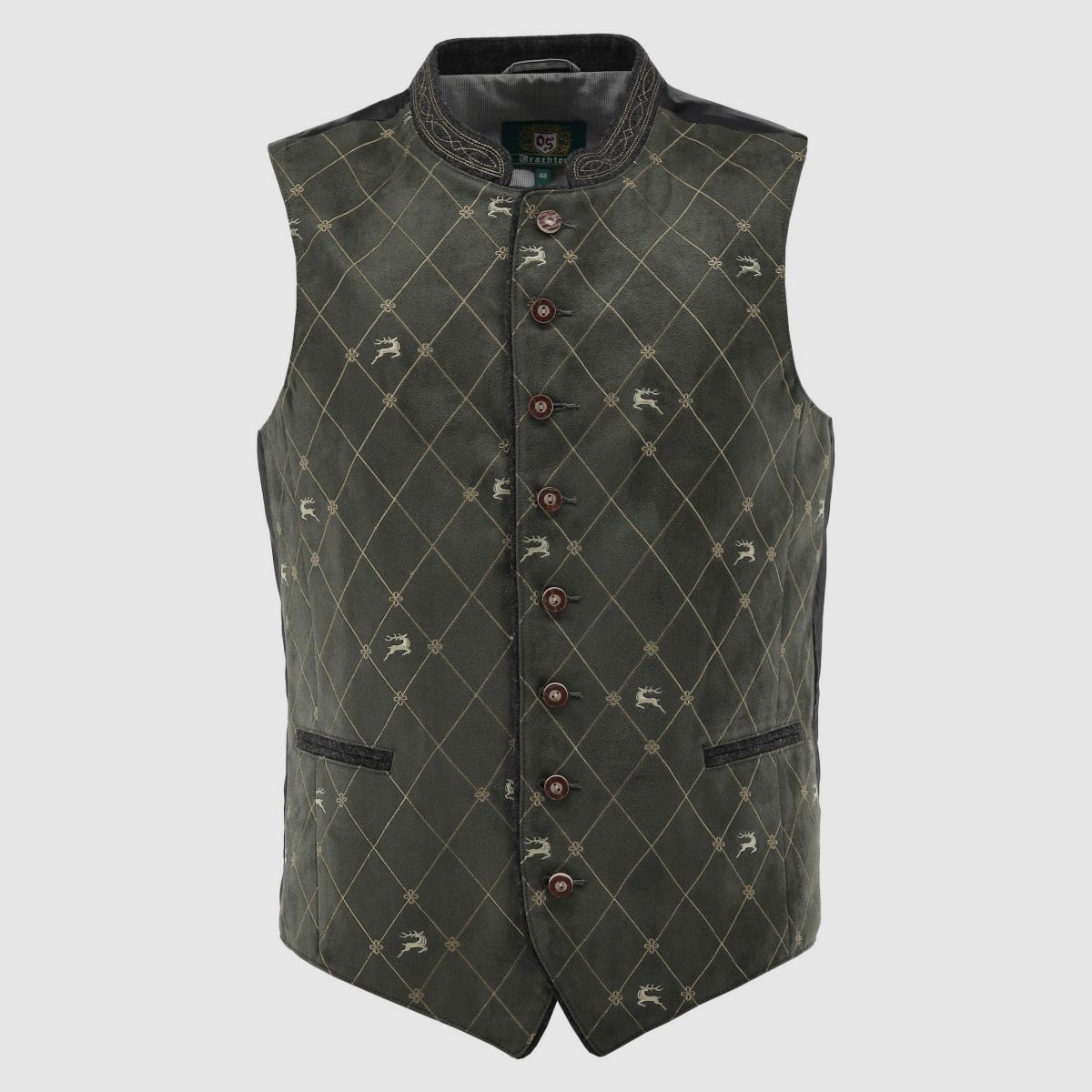 OS TRACHTEN Men's Vest Stand-Up Collar with Embroidery, 2 Pocket Flaps Olive