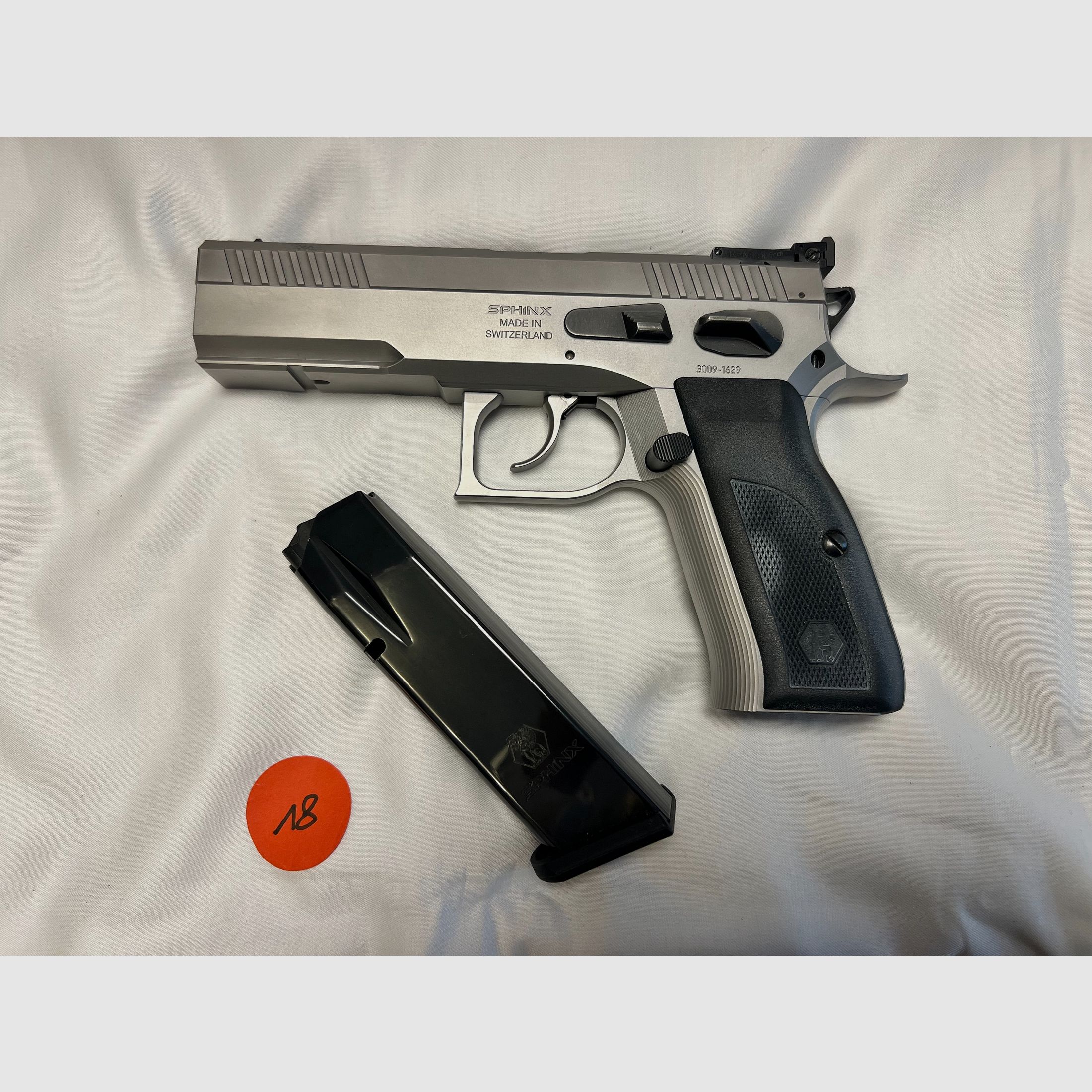 Sphinx 3000 Competition 9 mm Para – Pistool Kat. B, Stainless + 6 Magazines – Erbwaffe Vorarlberg, afbeelding 1 van 7