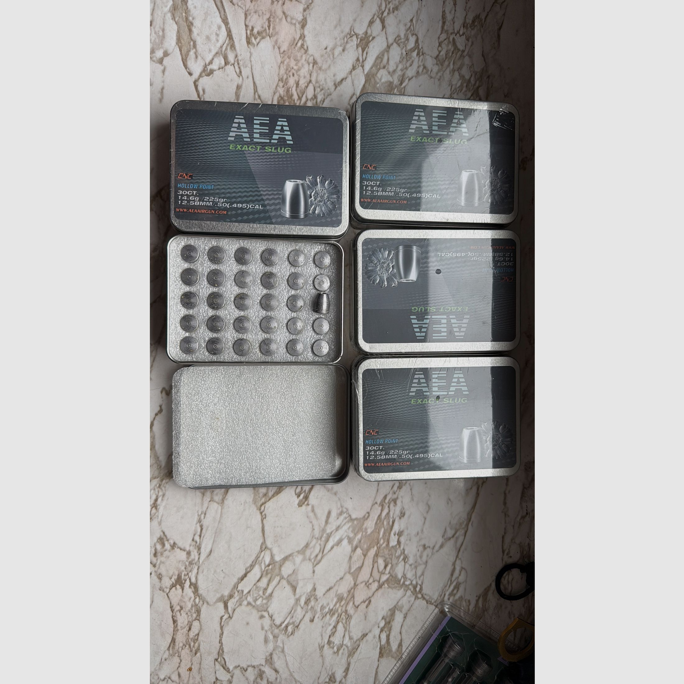 AEA Exact Slugs .50 (.495) CAL / 12,58 mm – 225 gr Hollow Point – 5 Dosen (4x OVP, 1x vollständig)