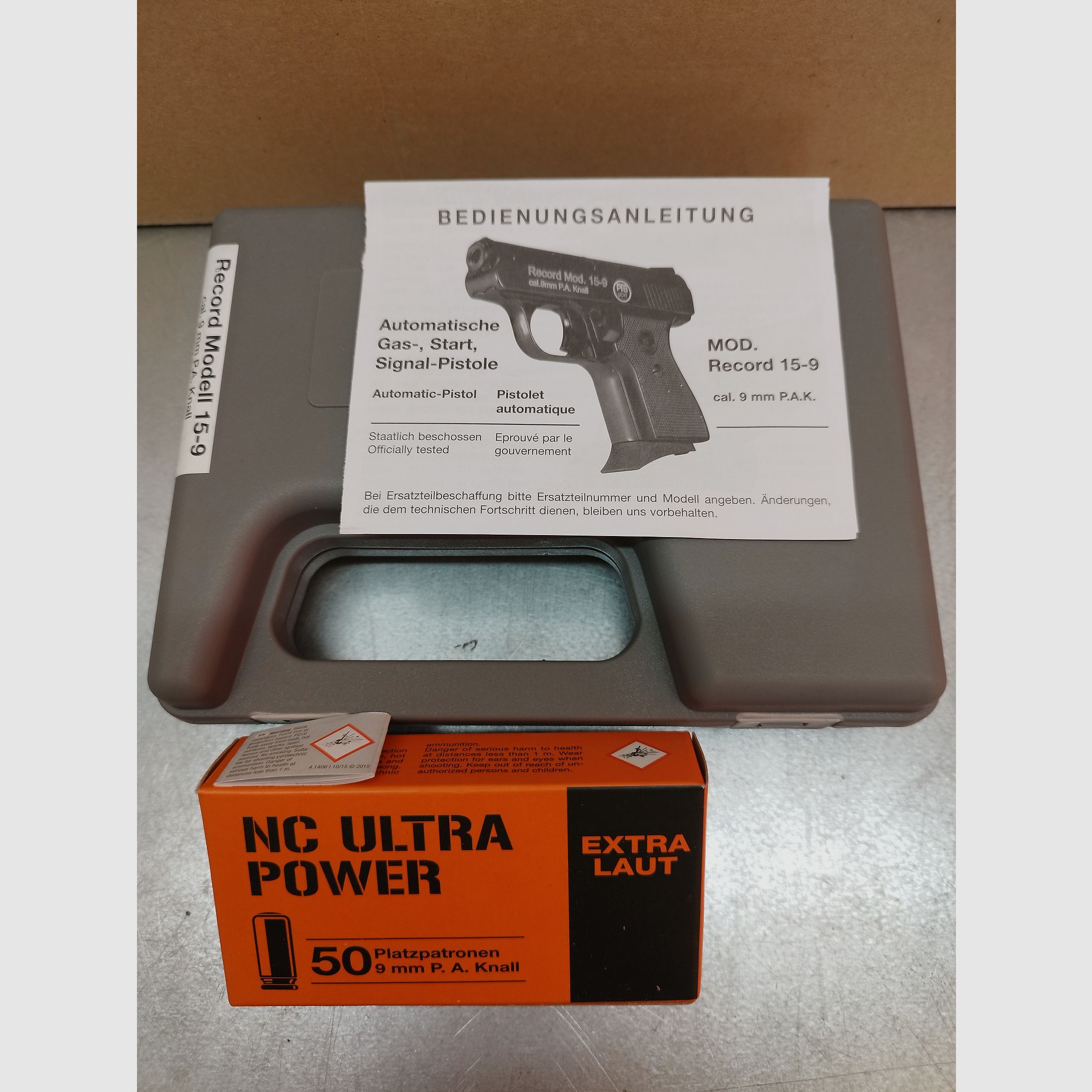 Record Mod. 15-9 Schreckschuss Pistole 9mm brüniert Silvester Set !!Neuware!!