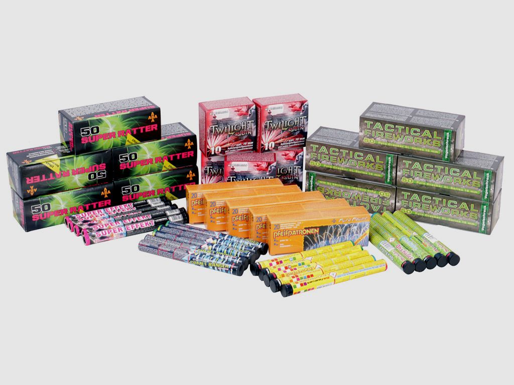 Pyro Feuerwerk Super Spar Set Maxi Mix Ratterpatronen Pfeifgepatronen Leuchtsignalsterne Orchideesterne 750 Schuss (P18)