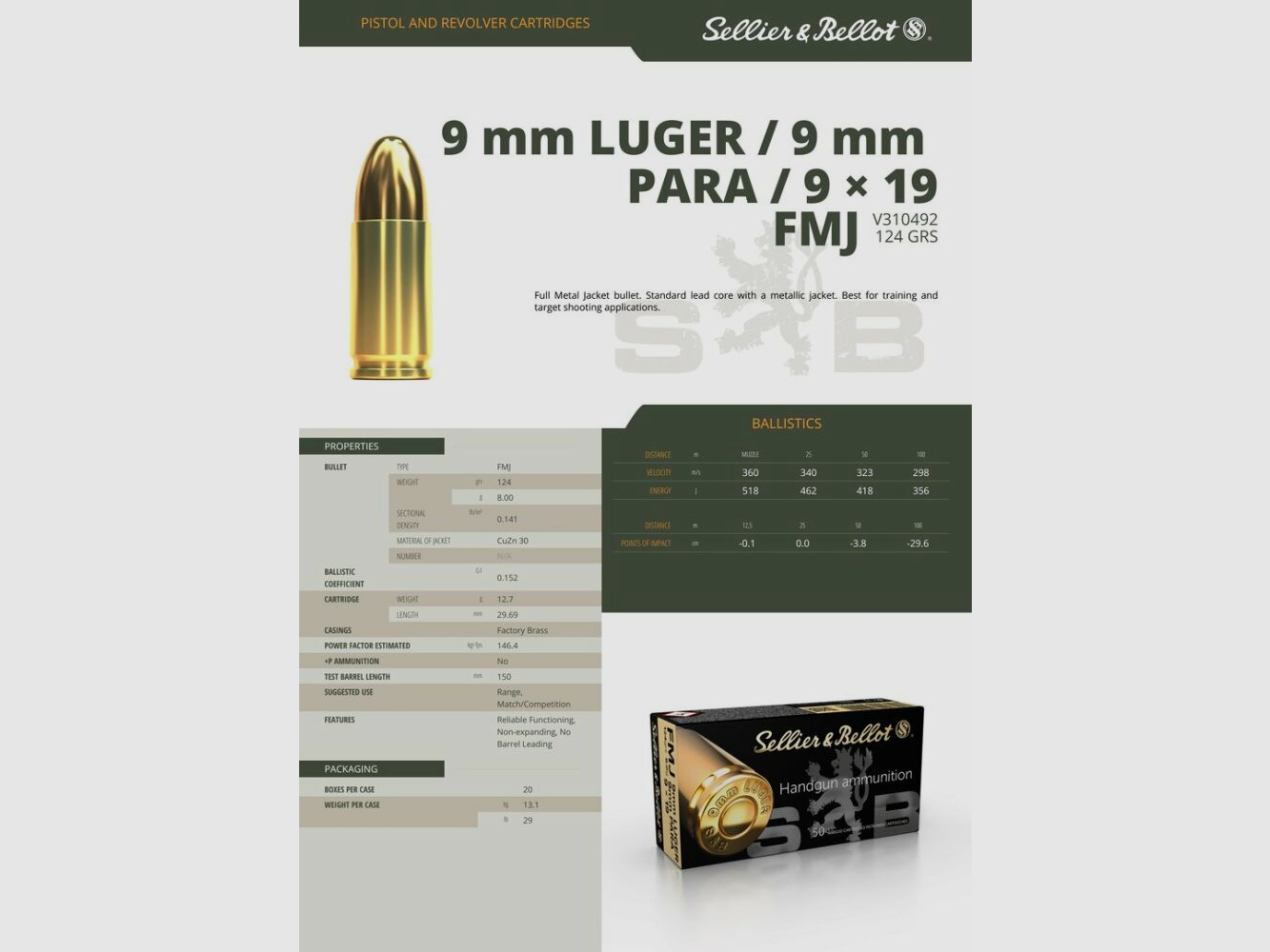 Sellier&Bellot Munition Sellier & Bellot 9mmLuger FMJ 124grains / 8,0g 1.000 Schuss (20x 50Schuss)