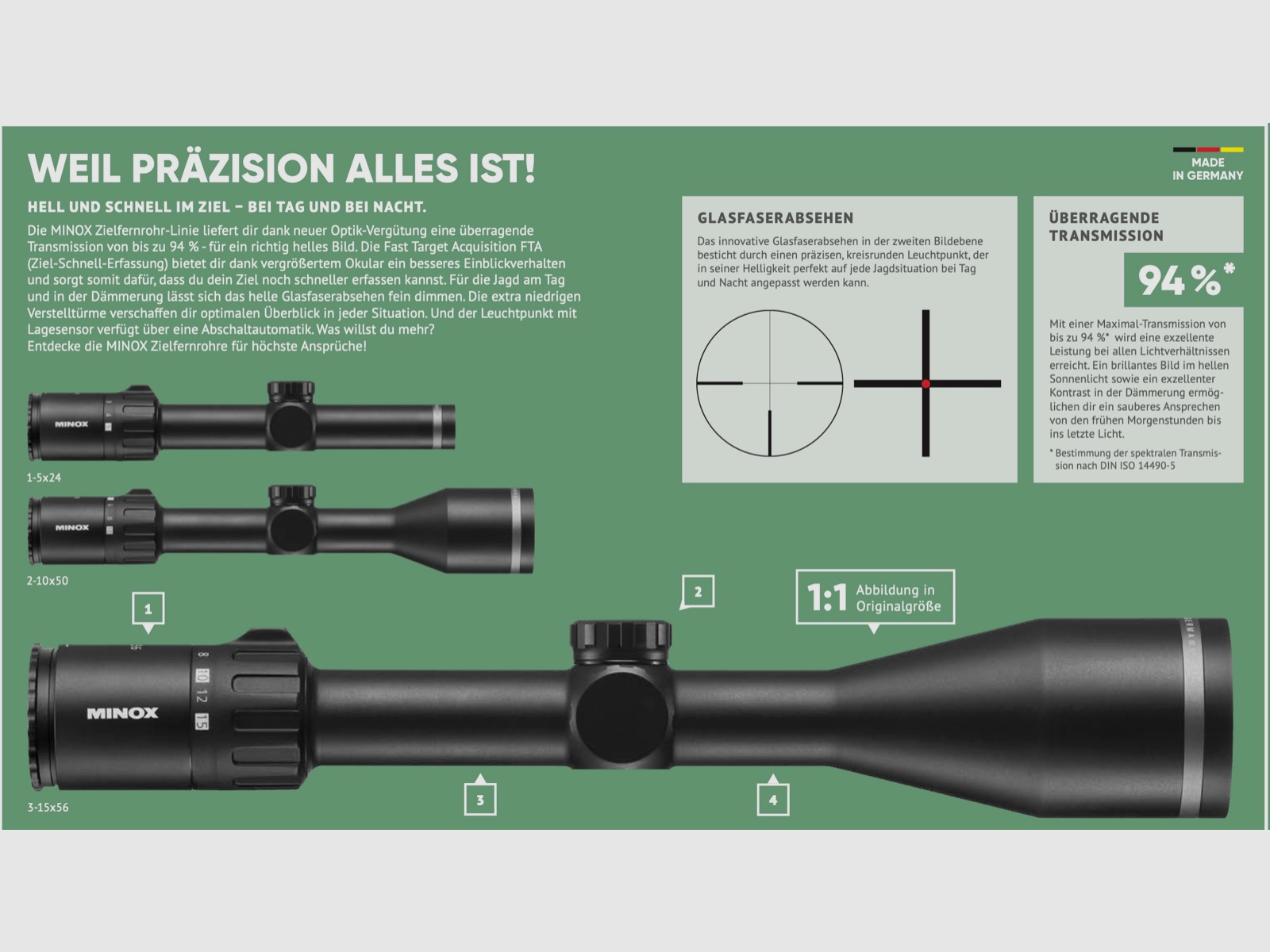 Minox Allrounder Zielfernrohr 3-15x56 S Leuchtabsehen 4 in 2 Bildebene mit Schiene