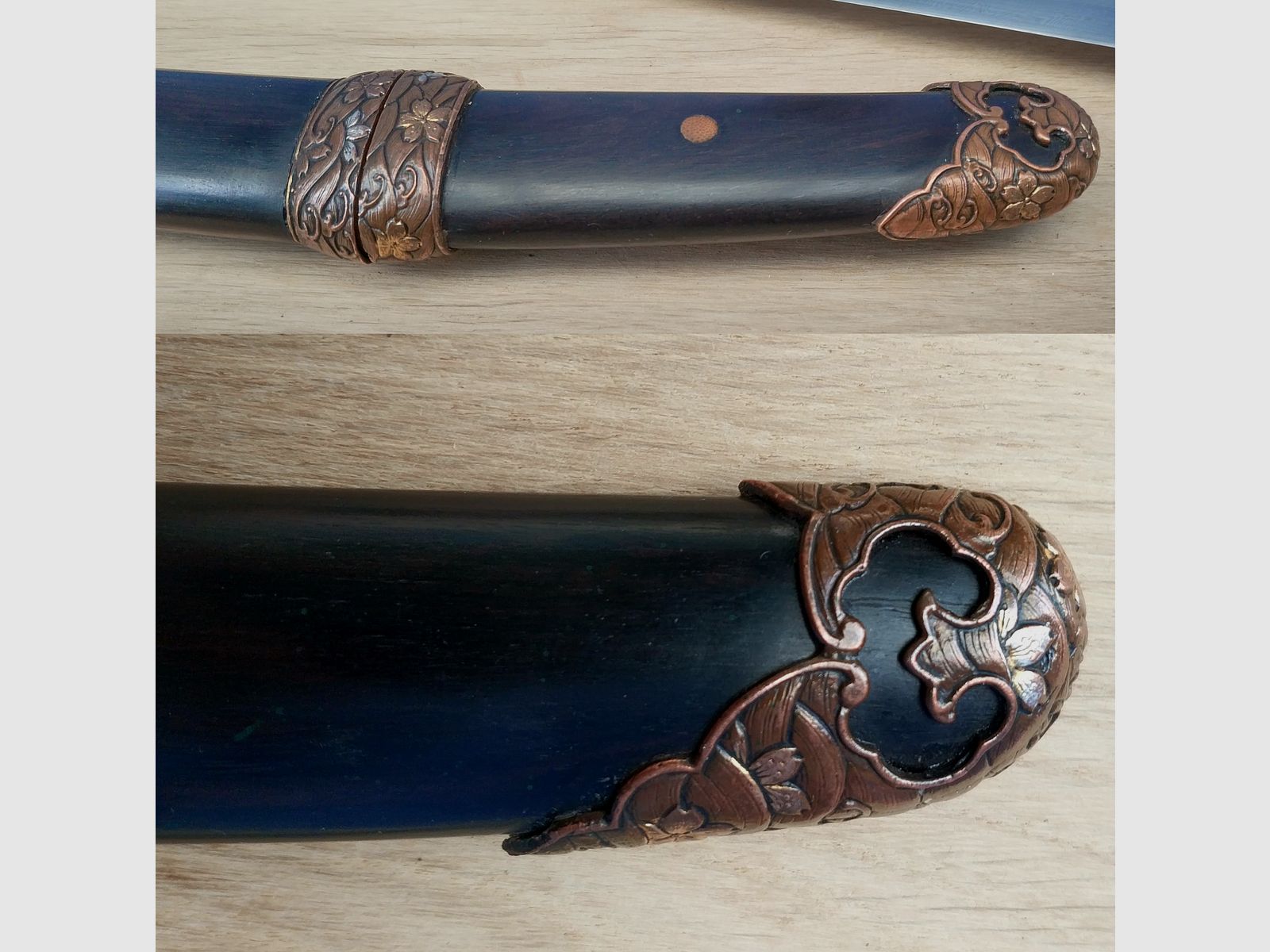 handpolierter Sanmai Tanto mit Heft und Scheide aus Ebenholz