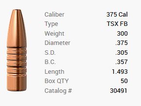 Barnes kogel .375/.375 300GR TSX HP FB 50 stuks