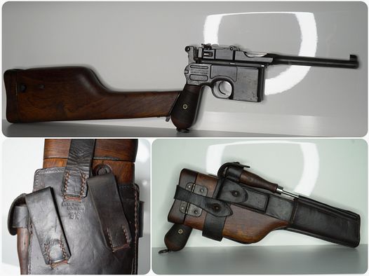 Mauser C96 / Oberndorf A. Neckar / 7,63 mm Mauser / 1916 / Anschlagkasten / Lederholster / Munition