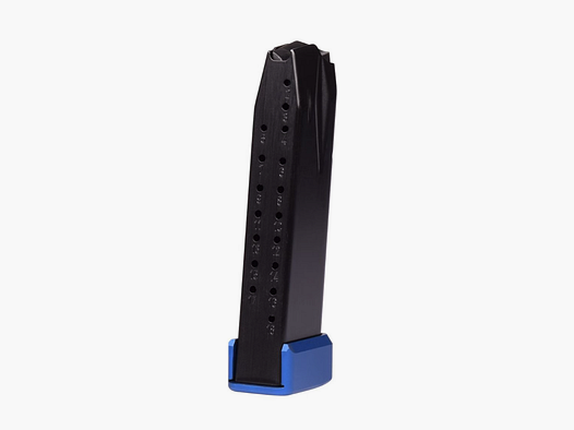 Magazynek Walther PDP 18 nabojów, niebieska aluminiowa podstawa do PDP Compact z niskoprofilowym magwell