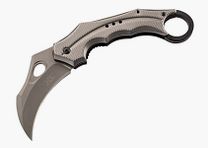 Coltello Herbertz Karambit, acciaio AISI 420 rivestito in titanio, Liner Lock, guance in acciaio inossidabile rivestite in titanio, clip in metallo