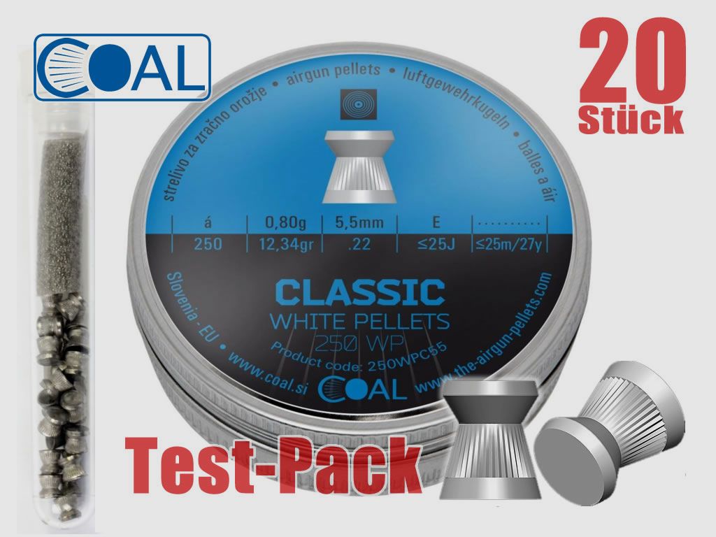 Testpack 20 StĂĽck COAL Flachkopf-Diabolos WHITE PELLETS CLASSIC, Kaliber 5,5 mm, 0,80 g