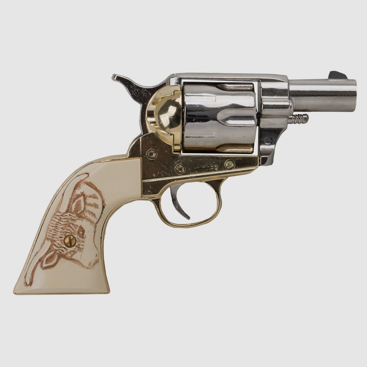 Deko Revolver Kolser Colt SAA Single Action Army Snub Nose 2,5 Zoll weiĂźe Griffschalen mit Stiermotiv nickel gold