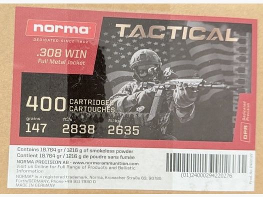 Norma .308 Win TACTICAL Vollmantel 9,5g/ 147 grain insgesamt 650 Schuss in versiegelter Originalverpackung