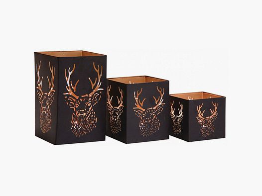 Lovergreen Dekoration Motiv Set mit 3 quadratischen Windlichtern Motiv: Hirschkopf - Lackiertes Metall