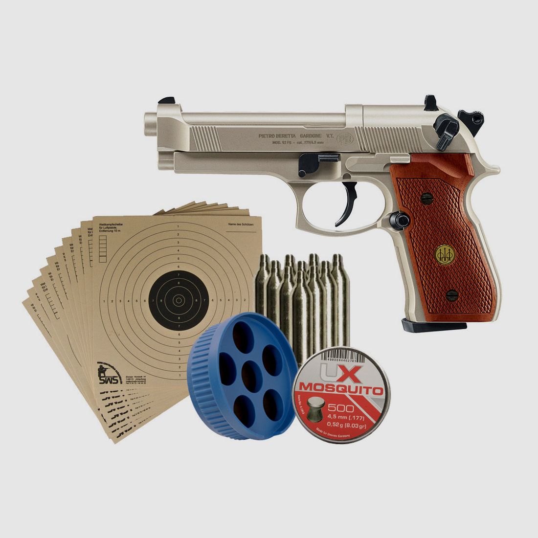 CO2 Pistole Beretta M 92 FS nickel Holzgriffschalen Kaliber 4,5 mm (P18)+ Diabolos Zielscheiben CO2 Kapsel Speedloader