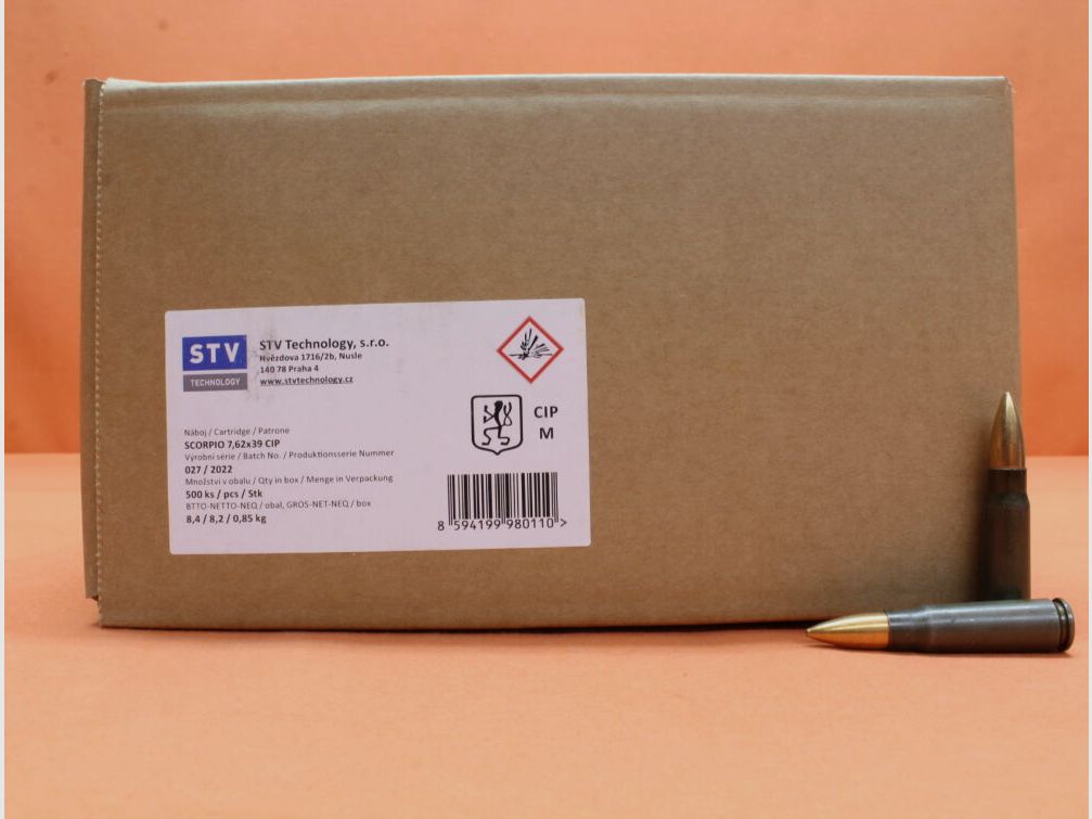 STV Scorpio (Surplus) Patrone 7,62x39 SM (Surplus) 123grs FMJ VE 500 Patronen (Stahlhülse lackiert)/ 8,0g Vollmantel