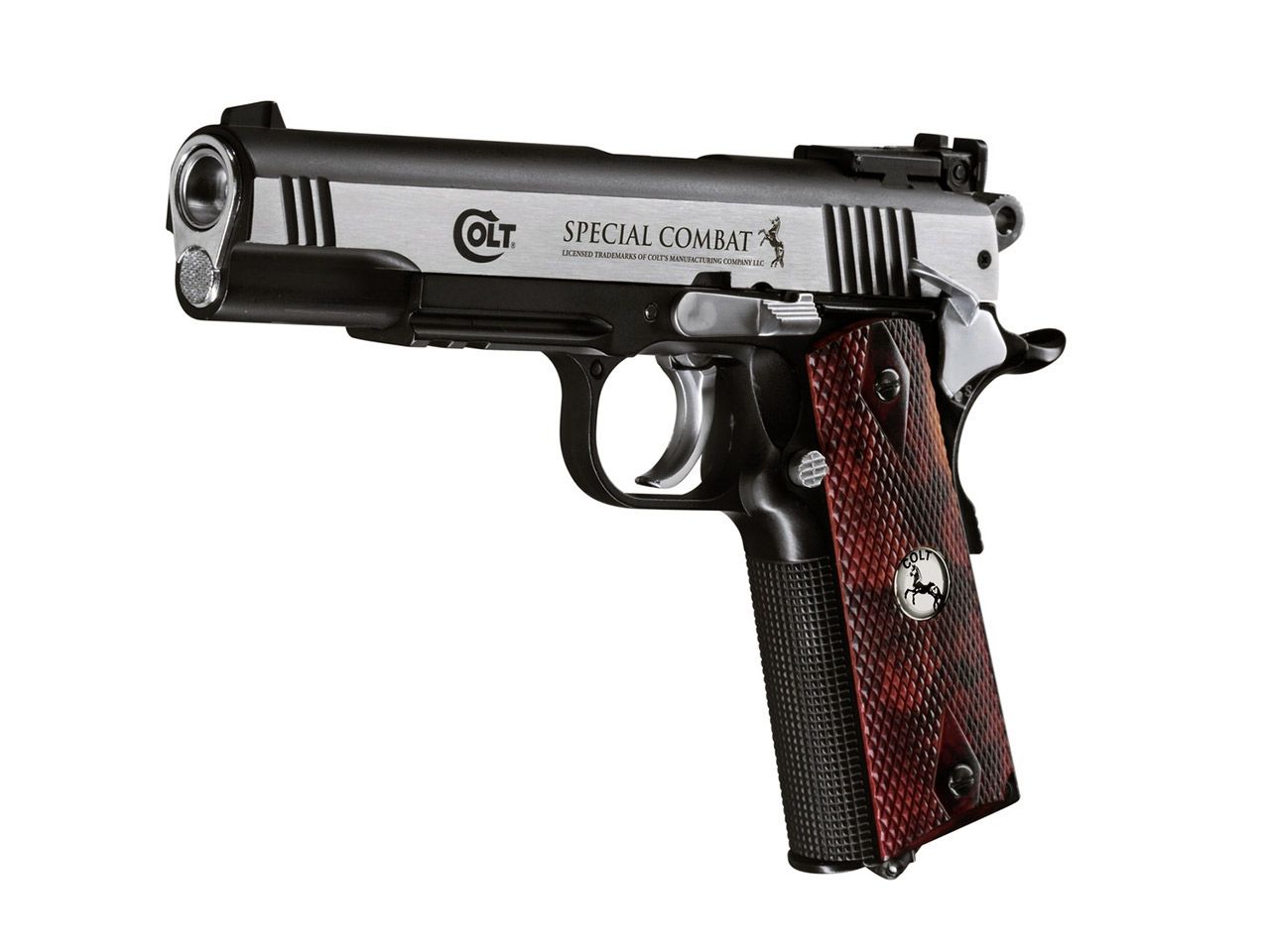 CO2 Pistole Colt Special Combat Classic Ganzmetall Kaliber 4,5 mm BB (P18) + LeuchtpunktzielgerĂ¤t SchalldĂ¤mpfer Adapter BBs Kugeln Zielscheiben