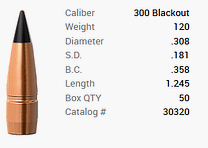 Barnes Geschoss .300 AAC Blackout / .300 Whisper 120GR M/LE Tac-TX Boat Tail bleifrei 50 Stück