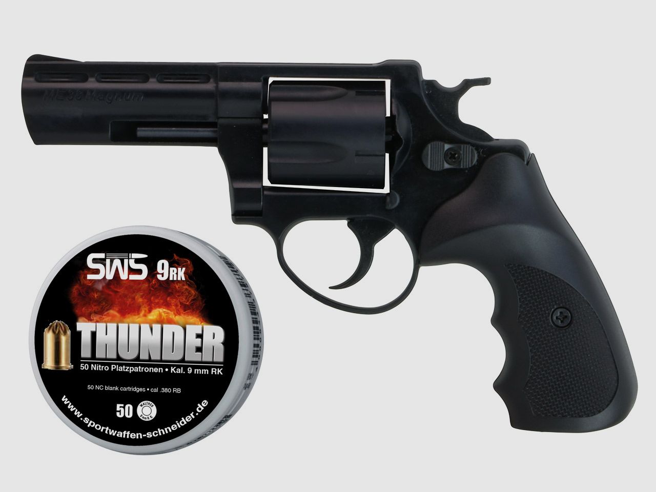 Schreckschuss Revolver Melcher ME 38 Magnum brĂĽniert Combat Kunststoffgriff Kaliber 9 mm R.K. (P18) + 50 Schuss