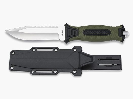 Cuchillo ligero para exteriores con rompevidrios y funda de plástico mango verde