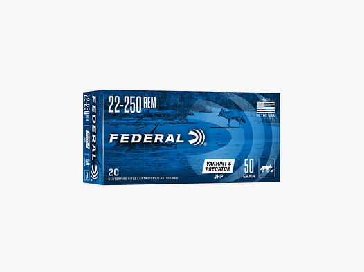 FEDERAL – 22-250 REM | VARMINT & PREDATOR JHP | 50GR (AE22250G)