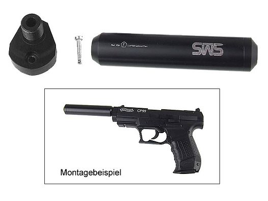Adapter und schwarzer SchalldĂ¤mpfer fĂĽr CO2 Pistole Walther CP99 (P18)