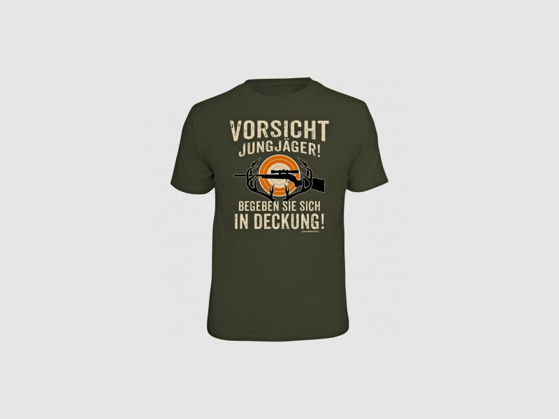 Kaderloos heren T-shirt "Voorzichtig jonge jager! Ga in dekking" | XL