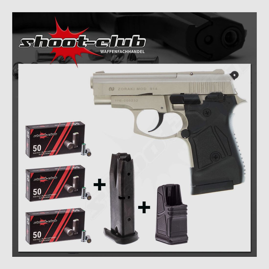 Zoraki 914 Satina Pistolet à Blanc 9 mm P.A.K. Ensemble de Cartouches