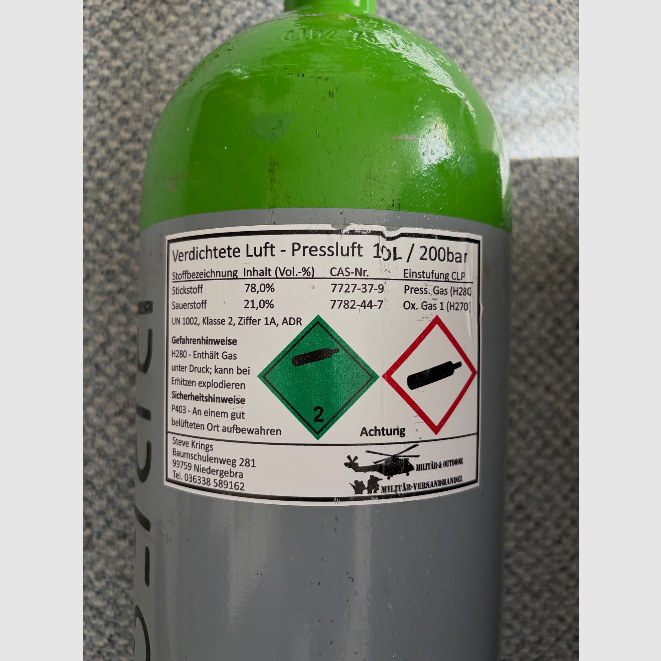 Compressed air bottle 10 liters 200 bar