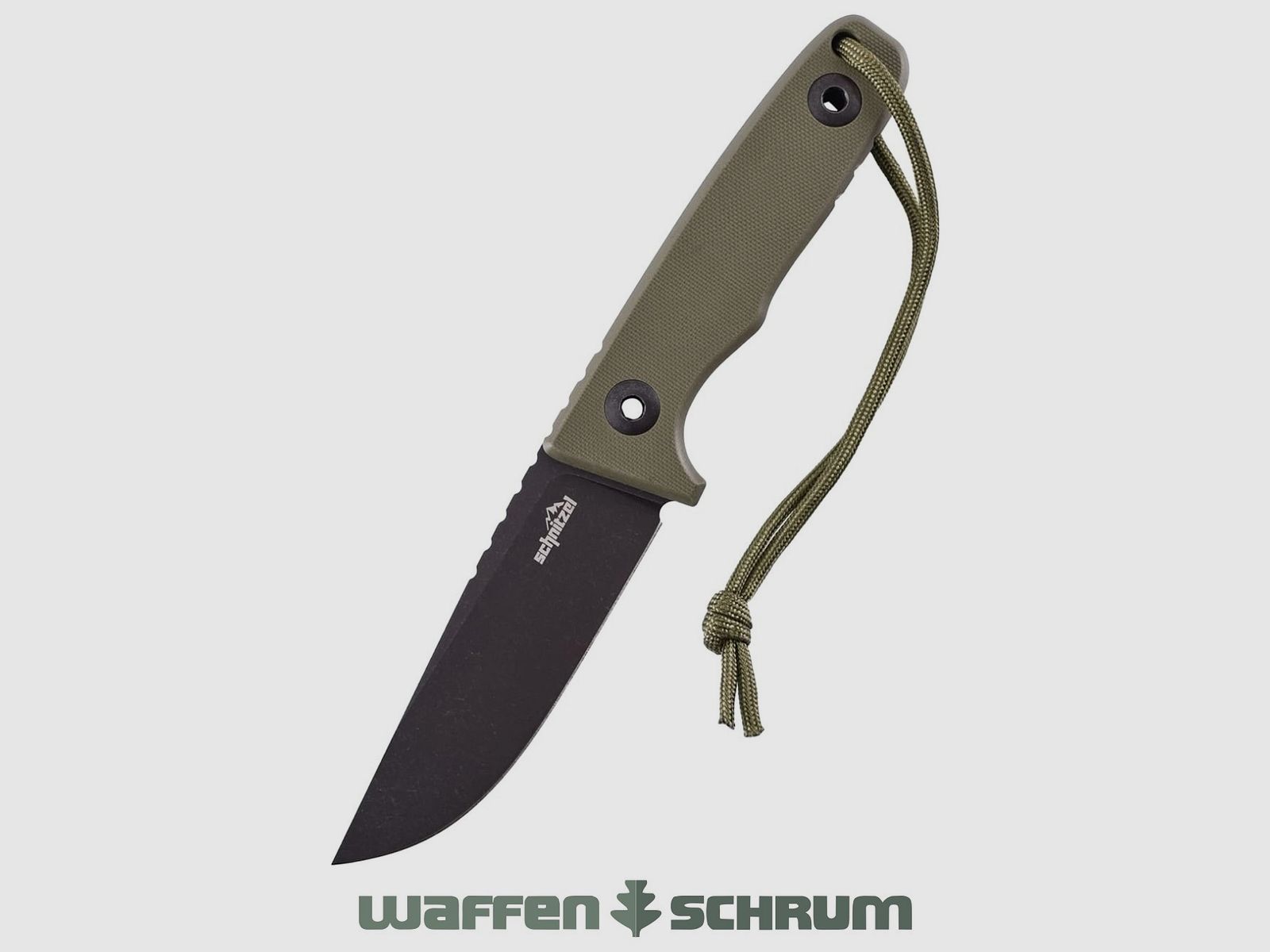 Schnitzel outdoor knife TRI green stainless 14C28N steel with black stonewash finish including sheath made of Kydex with dangler carrying system