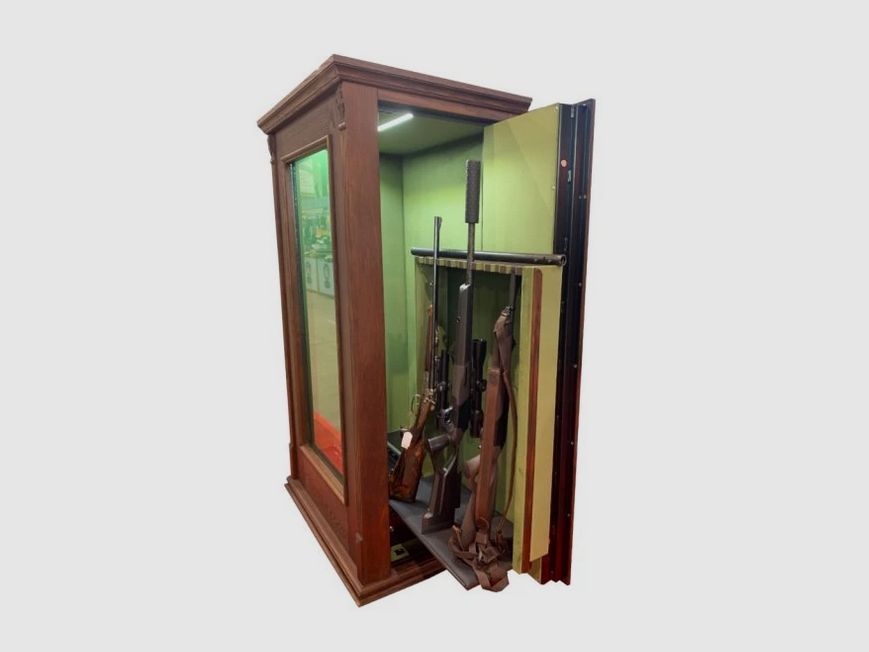 Notre chef-d'œuvre : vitrine en verre - armoire à armes en verre avec revêtement en bois véritable, serrure électronique, classe 1 EN 1143-1